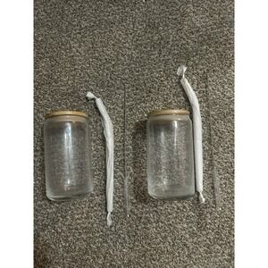 PAIR Drinking Glasses Cups Set W/Bamboo Lids & Glass Straws Cleaning Brush 2-PC‎